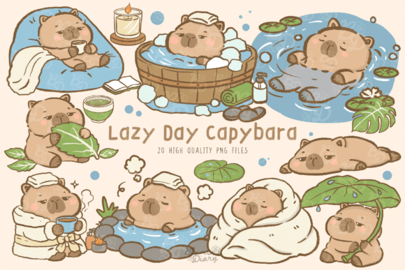 Download Kawaii Lazy Capybara Clipart - Premium Bundle