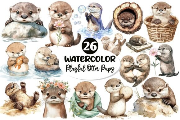 Download Watercolor Playful Otter Pups Clipart - Premium Resources